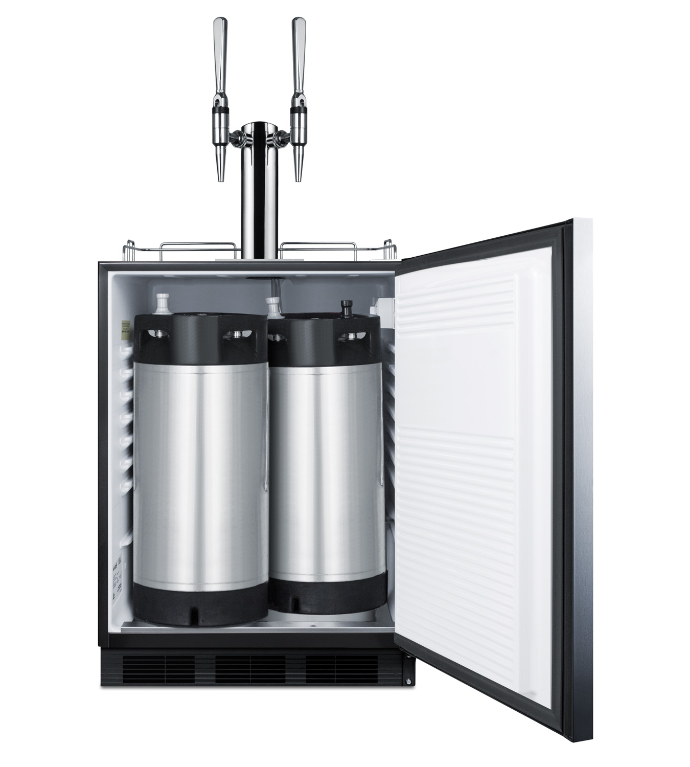 Built-in undercounter ADA height commercially listed dual tap nitro coffee dispenser with stainless steel wrapped door and black cabinet